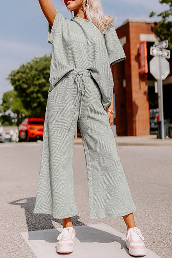 Navy Blue Textured Loose Fit T Shirt and Drawstring Pants Set