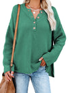 Henley Pullover Drop Shoulder Sweater with Slits