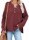 Henley Pullover Drop Shoulder Sweater with Slits
