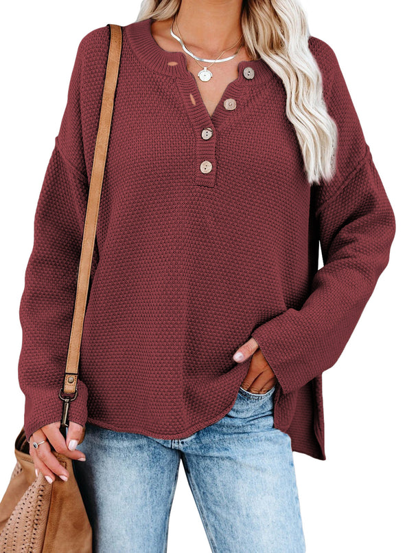 Henley Pullover Drop Shoulder Sweater with Slits
