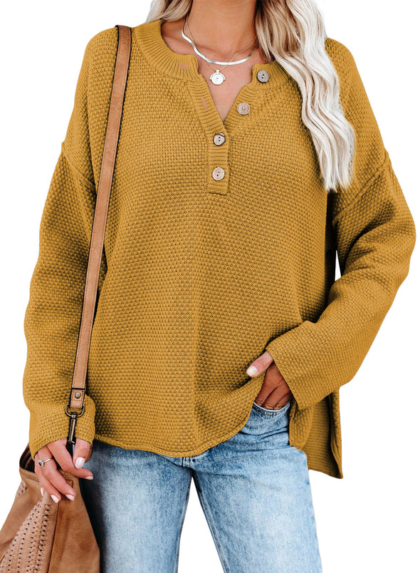 Henley Pullover Drop Shoulder Sweater with Slits