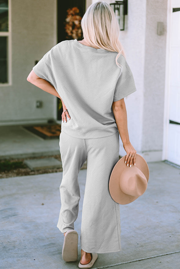 Navy Blue Textured Loose Fit T Shirt and Drawstring Pants Set