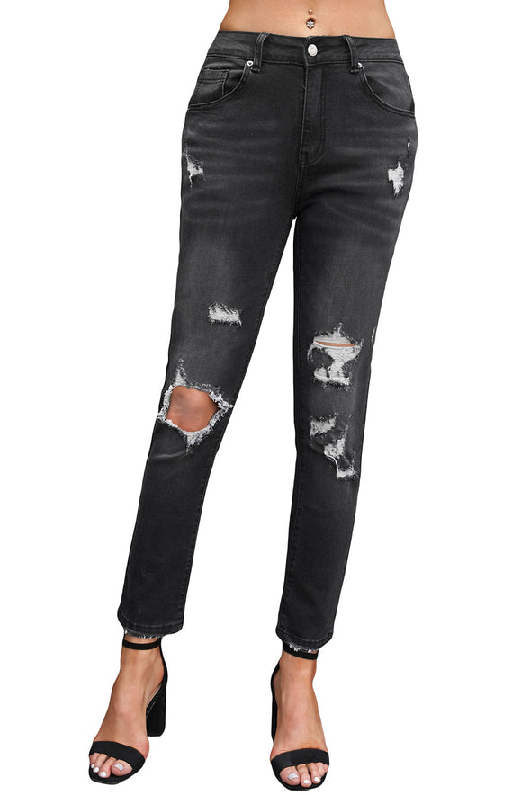 Distressed Holes Straight Jeans