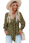 Ditsy Floral Print Front Tie Ruffled Long Sleeve Blouse