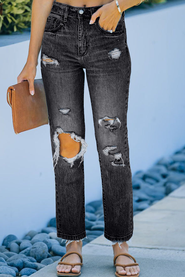 Distressed Holes Straight Jeans