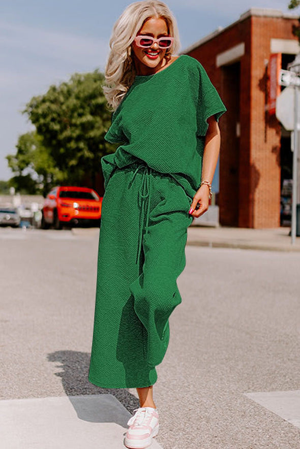 Navy Blue Textured Loose Fit T Shirt and Drawstring Pants Set