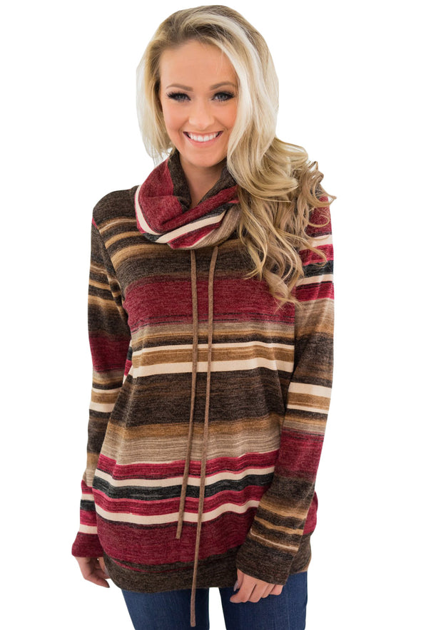 Multicolor Cowl Neck Striped Long Sleeve Sweatshirt