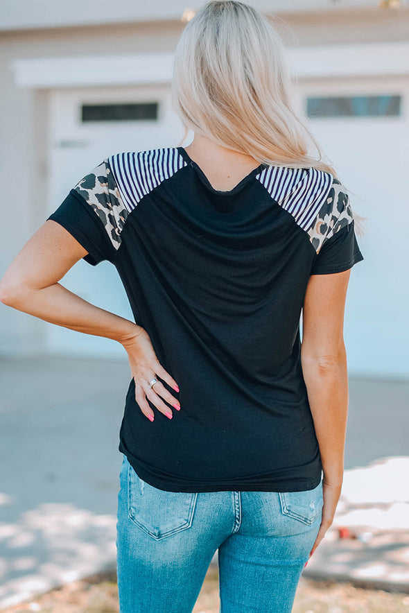 Letter Heart Print Leopard Striped Color Block Short Sleeve T-shirt