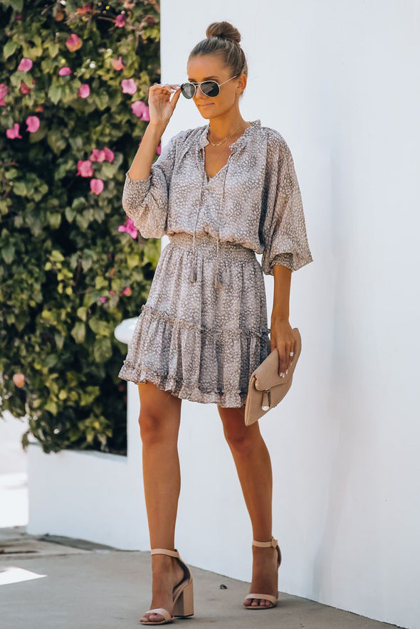 Print Smocked Puff Sleeve Tiered Ruffled Mini Dress