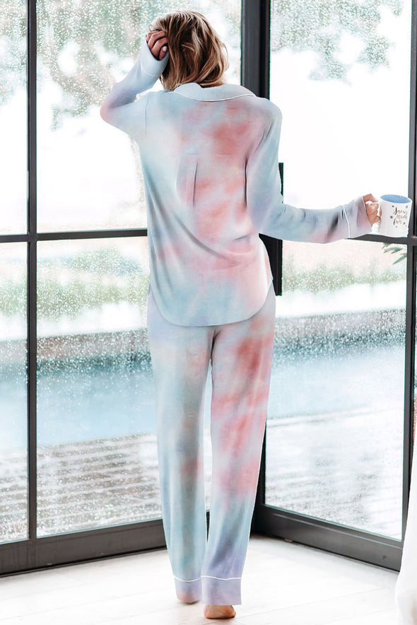 Multicolor Tie-dye Long Sleeve Shirt with Pants Pajamas Set