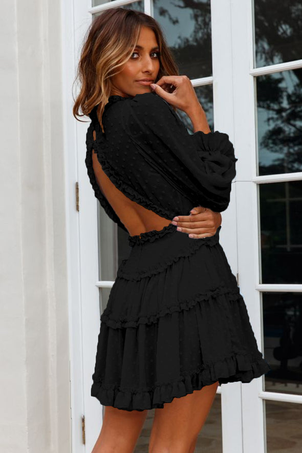 Layered Ruffled Open Back Puff Sleeve Swiss Dot Mini Dress