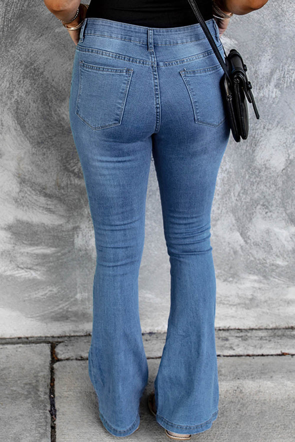 Dark Blue Mid Rise Button Front Flare Denim