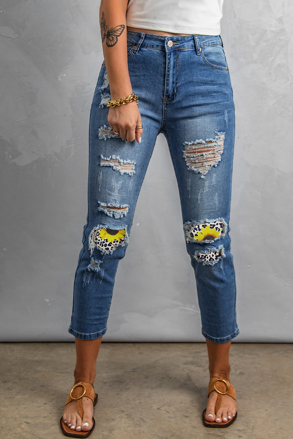 Fading Distressed Holes Crop Jeans
