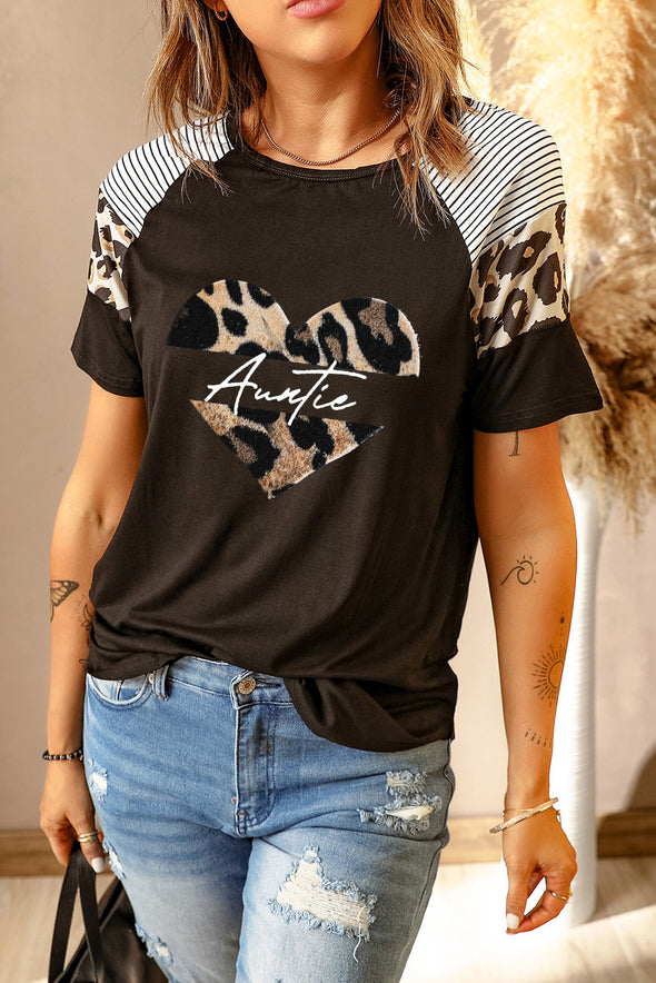 Letter Heart Print Leopard Striped Color Block Short Sleeve T-shirt