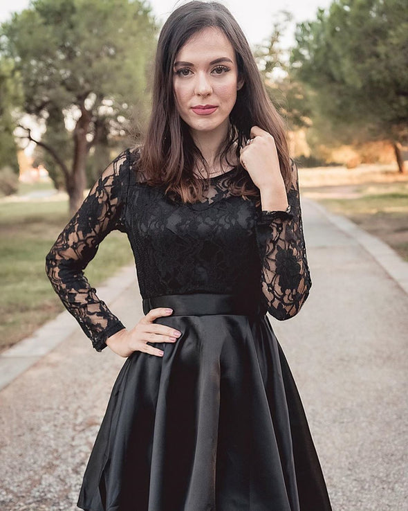 Long Sleeve Lace High Low Satin Prom Dress