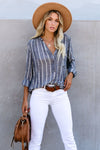 /Blue Striped V Neck Pocket Long Sleeve Top