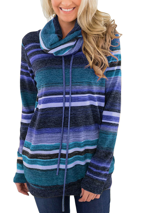 Multicolor Cowl Neck Striped Long Sleeve Sweatshirt