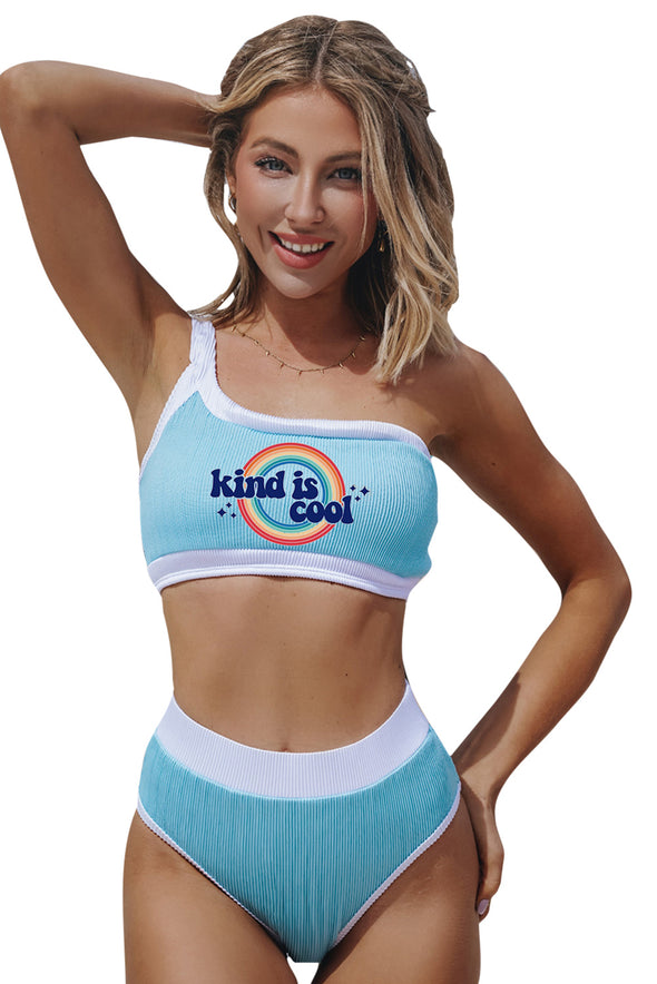 One Shoulder Patchwork High-waisted Bikini Set