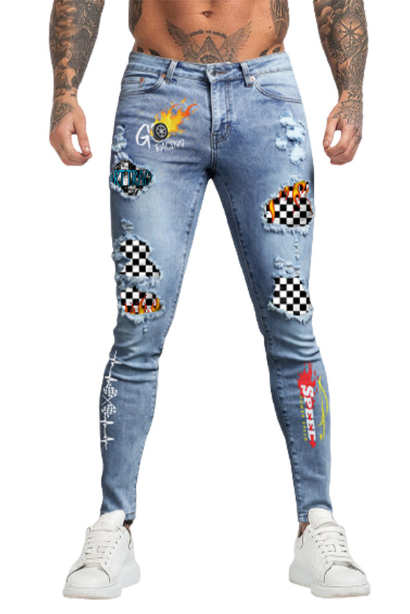 Men's Skull Print Patchwork Distressed Skinny High Waist Jeans