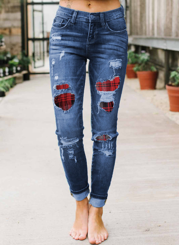 Patches Of Leopard Denim Distressed Jeans