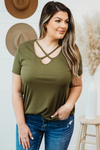 Army Green Plus Size Crisscross Ribbed Knit T-shirt