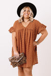 Plus Size V Neck Ruffle Swiss Dot Mini Dress with Pocket