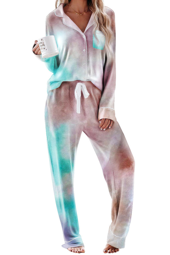 Multicolor Tie-dye Long Sleeve Shirt with Pants Pajamas Set