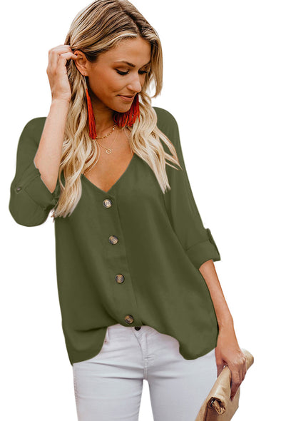 Button Detail Roll up Sleeve Blouse