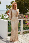 Sequin Fringe Sleeve Party Maxi Evening Dress