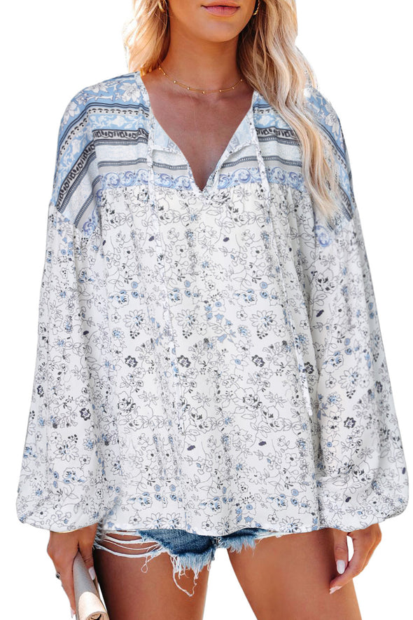 Floral Print Drawstring Loose Puff Sleeve Shirt