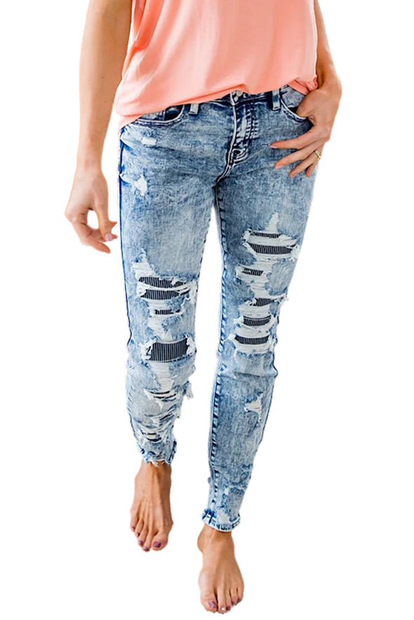 Striped Patchwork Distressed Slim-fit Jeans