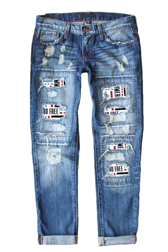 Valentine Heart Patchwork Distressed Straight Leg Jeans