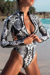Print Zipper Cut-out Rash Guard Swimsuit