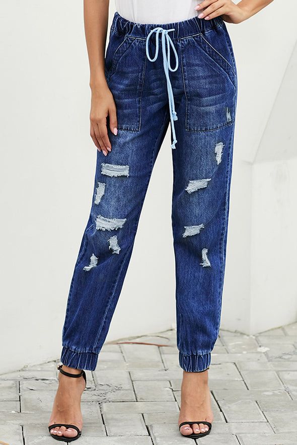Distress Drawstring Pocketed Joggers