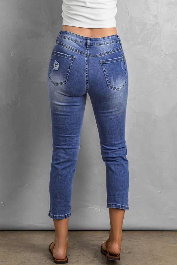 Fading Distressed Holes Crop Jeans