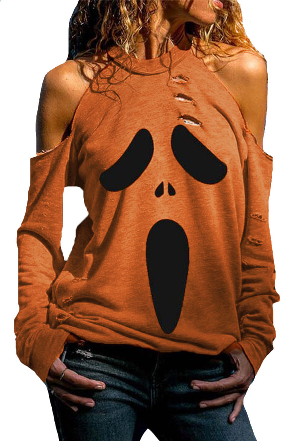 Distressed Halloween Ghost Cold Shoulder Sweatshirt