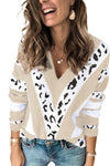 Animal Print Accent V Neck Sweater