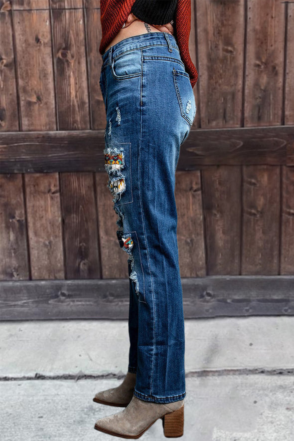 Valentine Heart Patchwork Distressed Straight Leg Jeans