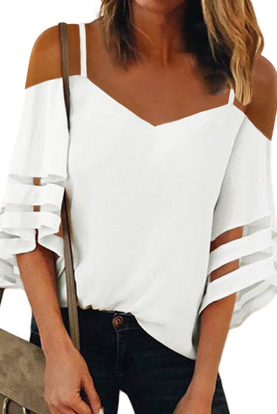 Spaghetti Straps Cold Shoulder Mesh Insert Bell Sleeve Blouse