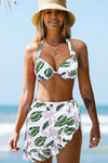Multicolor Floral Print Halter Backless Bikini Swimsuit with Sarong