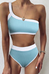 One Shoulder Patchwork High-waisted Bikini Set