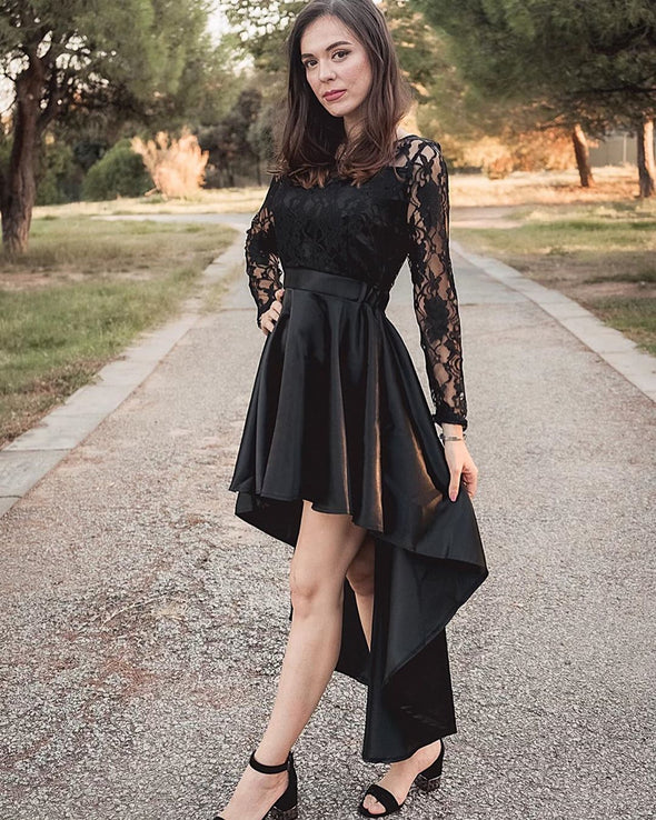 Long Sleeve Lace High Low Satin Prom Dress