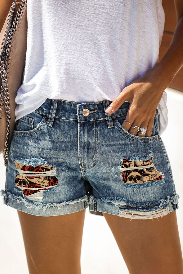 Women's Distressed Ripped Rolled Hem Blue Denim Shorts