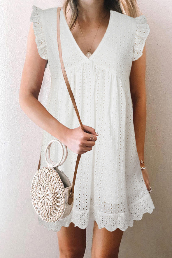 V Neck Ruffled Sleeves Perforating Babydoll Dress