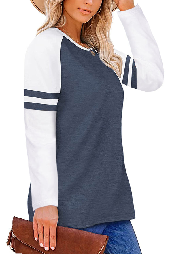 Crewneck Striped Splicing Sleeve Patchwork Plus Size Top