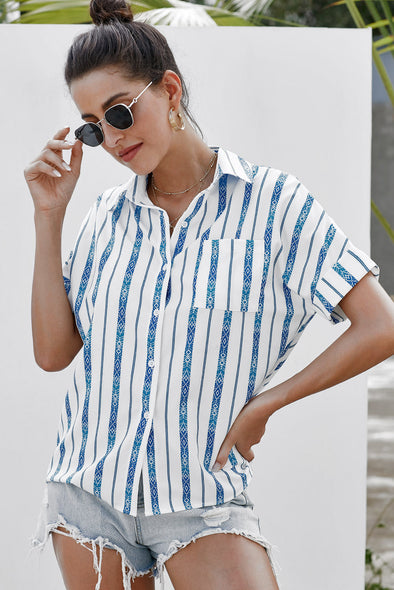 V Neck Stripes Roll up Sleeve Button Down Shirt