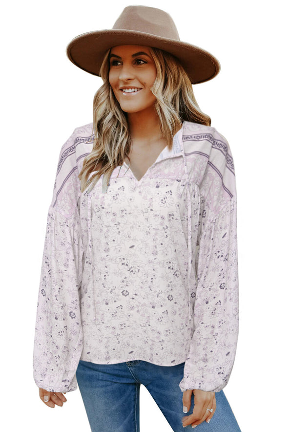 Floral Print Drawstring Loose Puff Sleeve Shirt