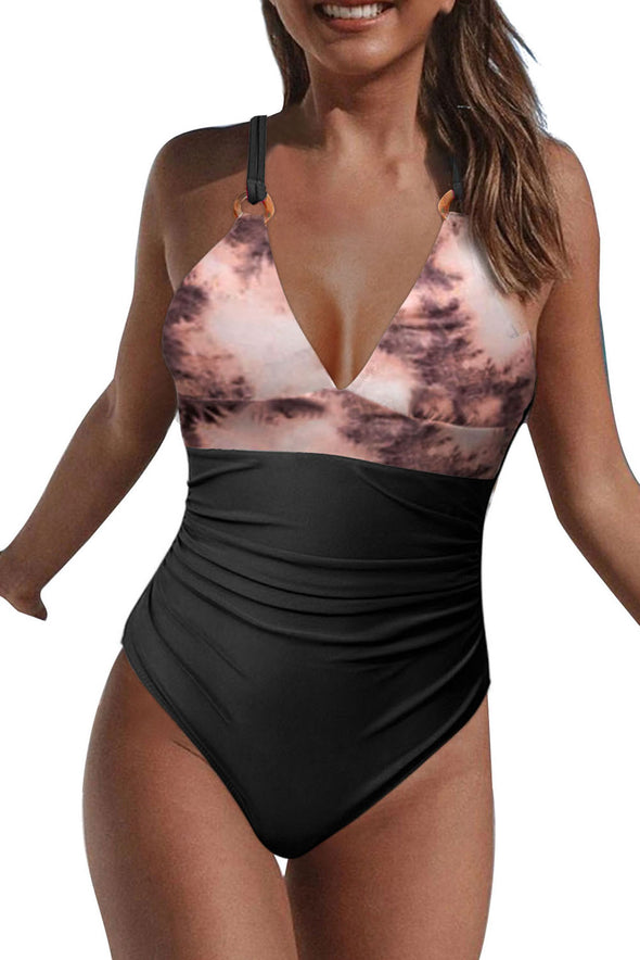 Tie-dye Colorblock Crisscross Back One-piece Swimsuit