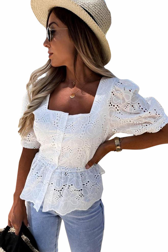 Hollow-out Ruffled Square Neck Blouse