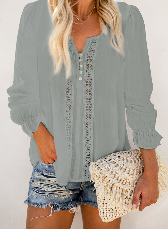 Bohemian Bubble Sleeve Eyelet Blouse